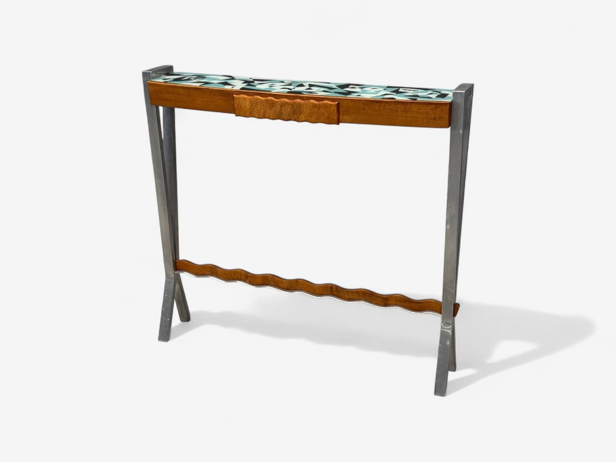 Italian Modern, Painted Glass, Ash Wood, Metal, Console Table, Italy, 1960s
