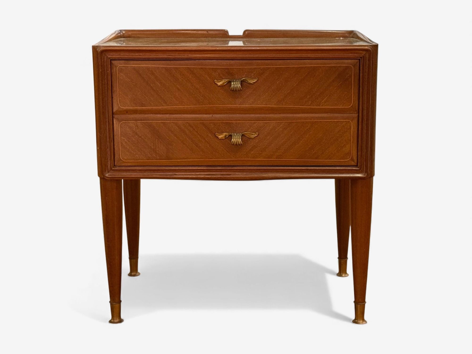 Italian Modern, Stained Wood, Brass, Glass, Nightstands, Italy, 1950s