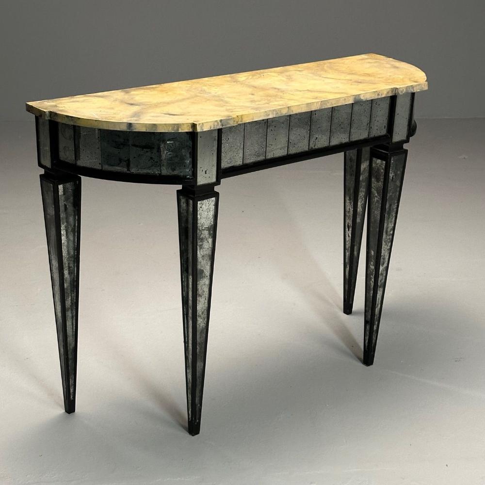 Maison Jansen Style, Directoire, Demilune Console Table, Distressed Mirror