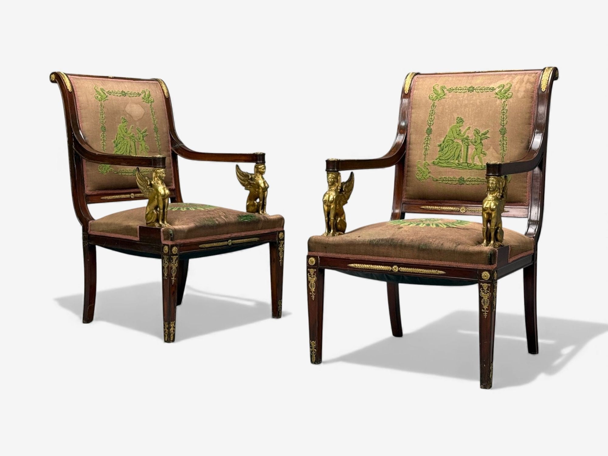 French Empire Revival, Bronze, Mahogany, Tapestry, Armchairs, France, 19th c.