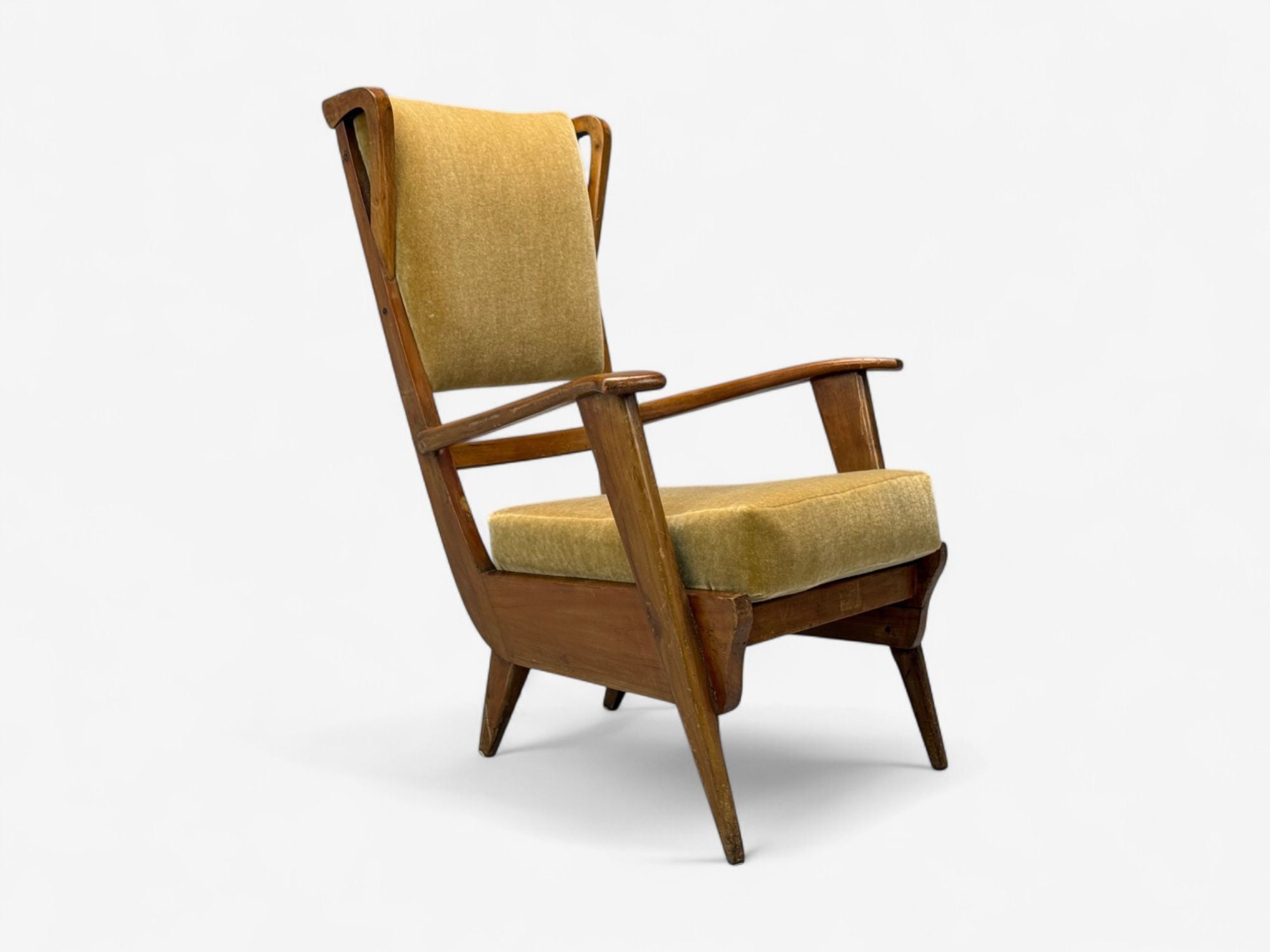 Italian Modern, Stained Wood, Camel Mohair, Lounge Chair, Italy, 1950s