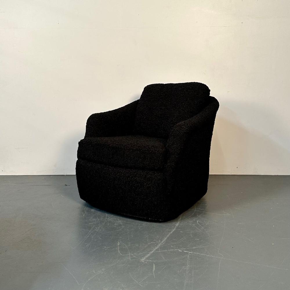 Mid-Century Modern Black Boucle Tub / Swivel / Lounge Chair, Faux Fur