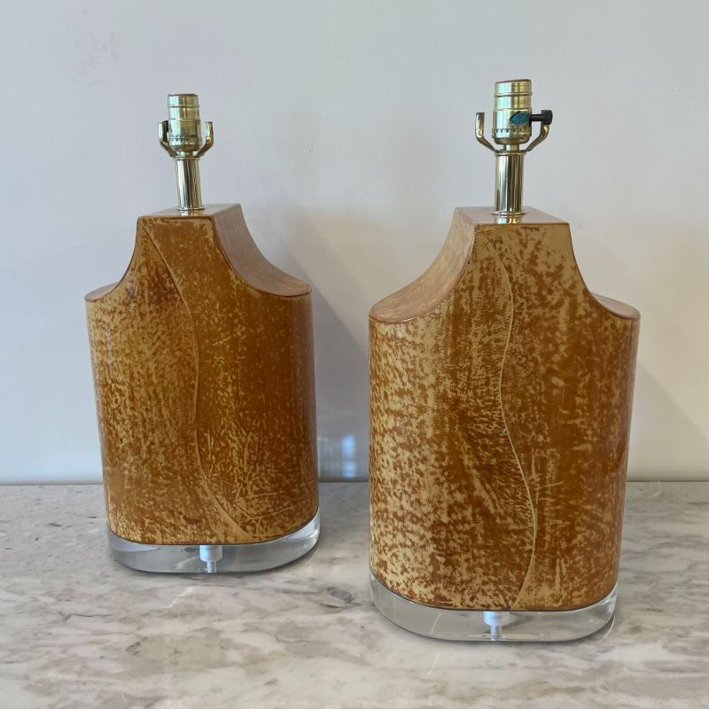 Pair Mid Century Modern Table Lamps, Goatskin and Lucite, Manner Karl Springer