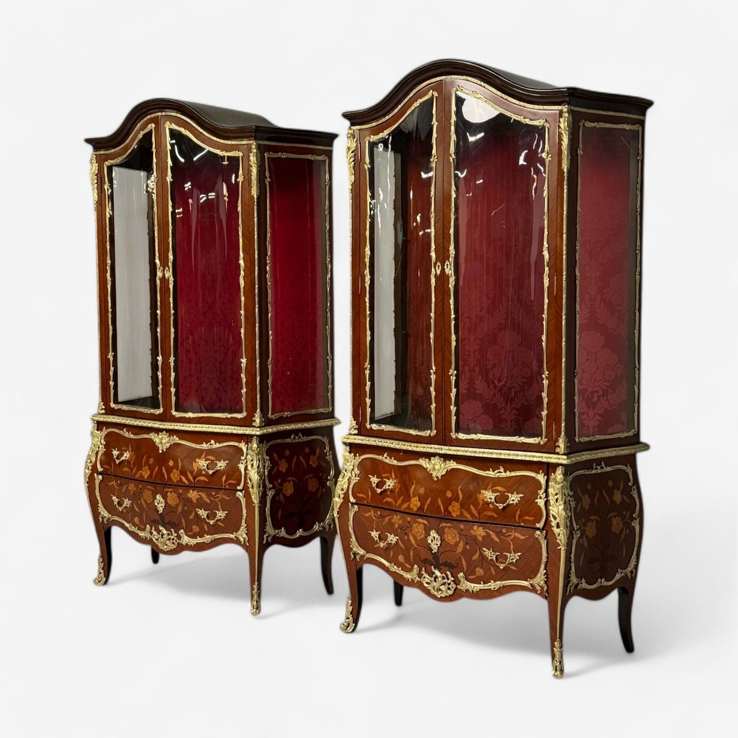 Louis XV Style, Bombe Vitrines, Ormolu Bronze, Inlaid Marquetry, France, 19th