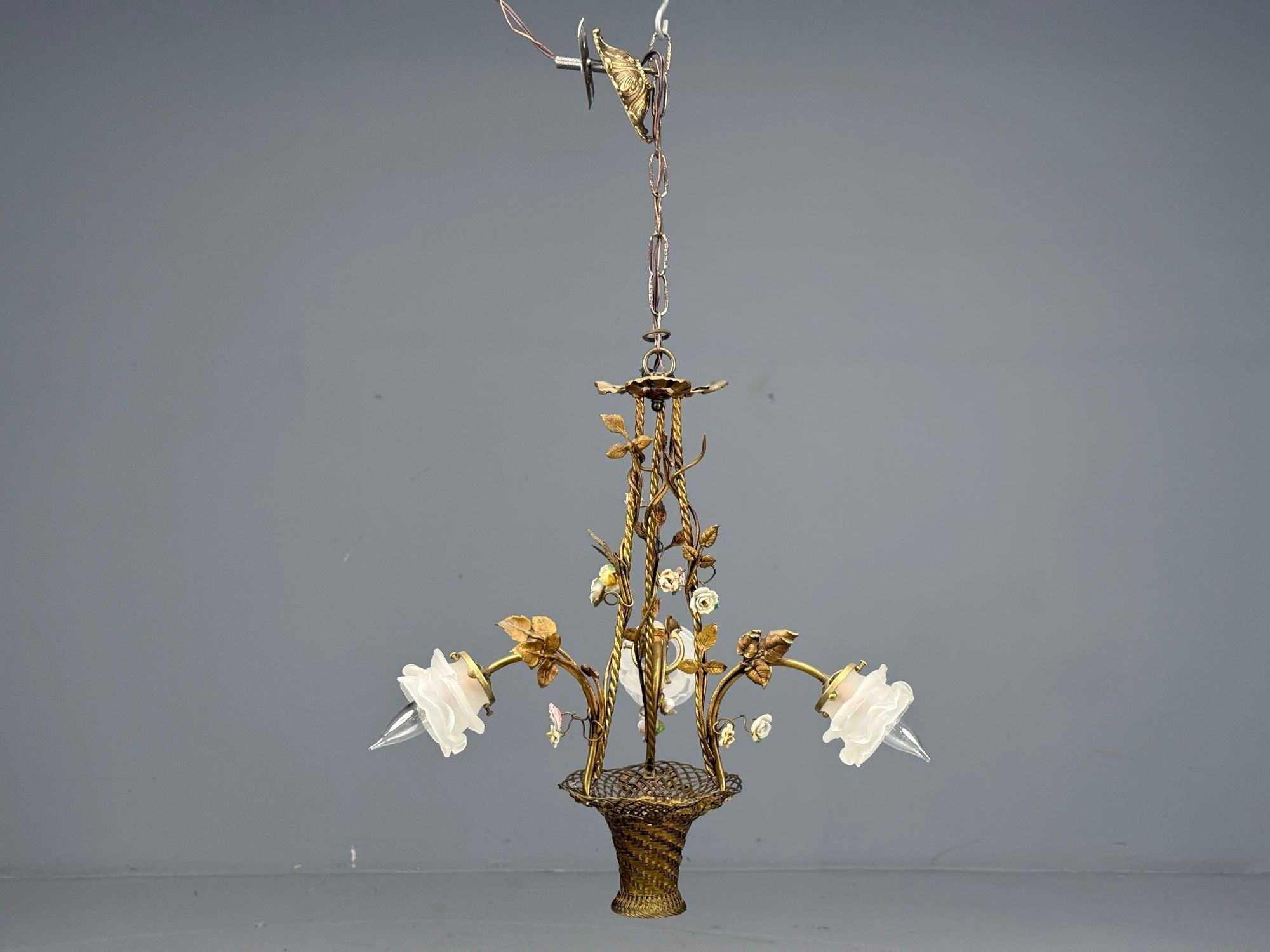 Belle Epoque Style, Basket Chandelier, Bronze, Porcelain, 1940s