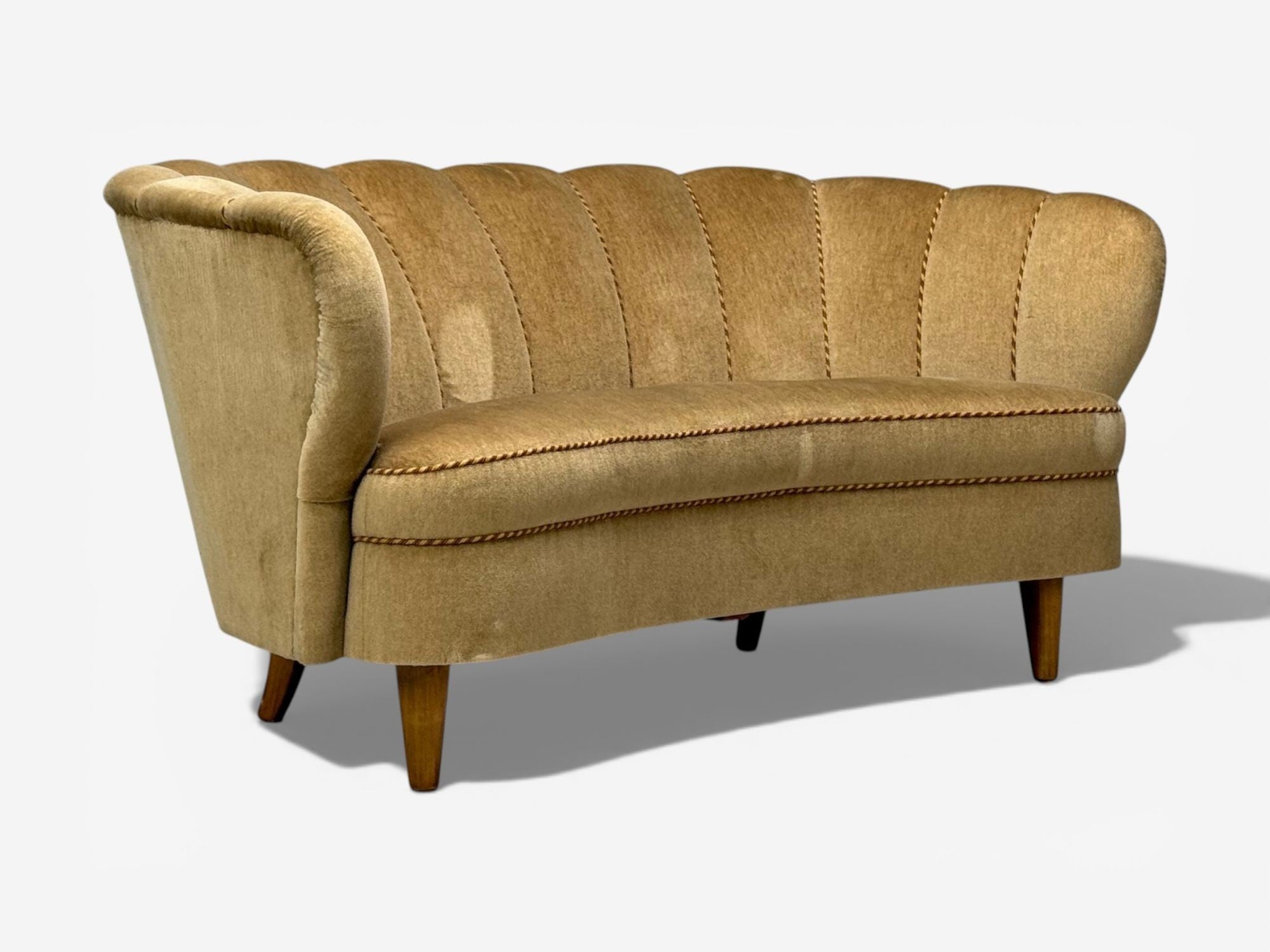 Finnish Modern, Settee, Beige Velvet, Wood, Finland, 1950s