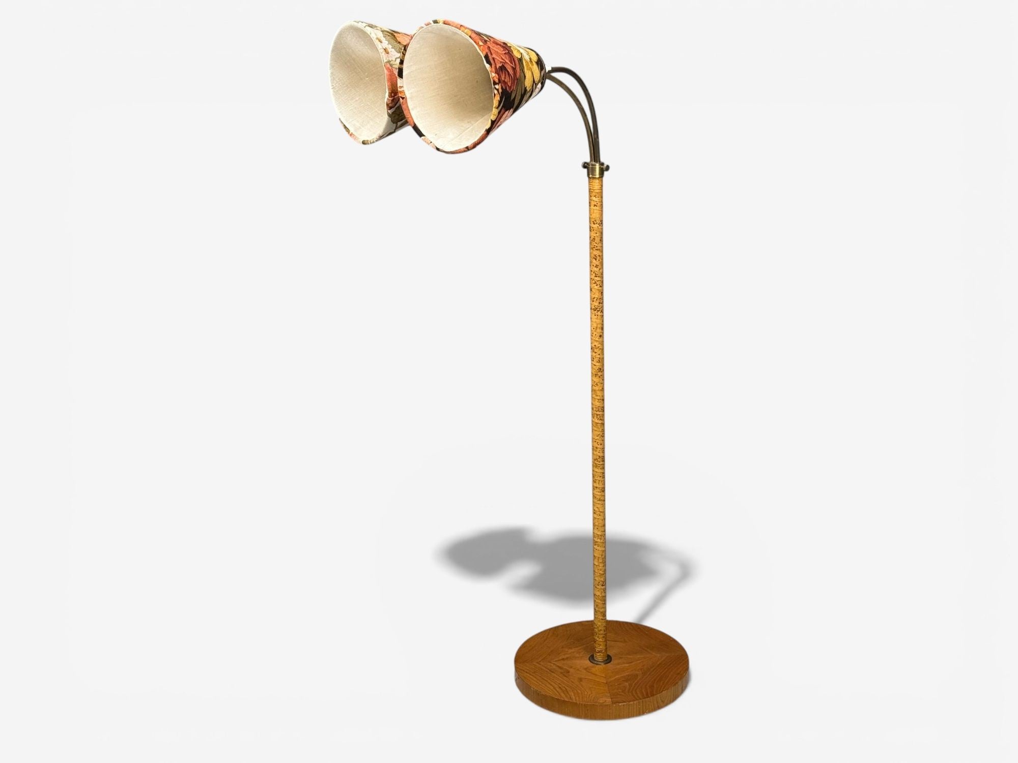 Corona Belysning, Floor Lamp, Wood, Brass, Fabric, Sweden, 1940s