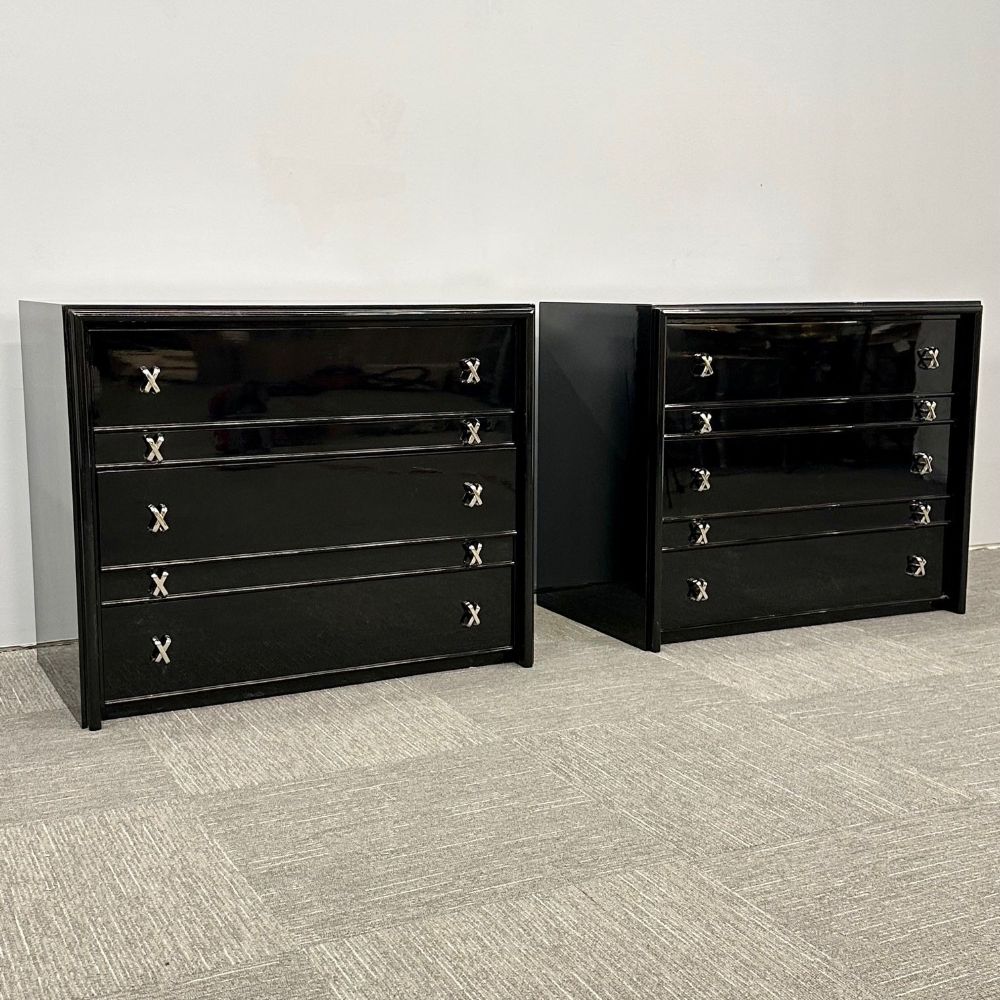 Pair Mid-Century Modern Commodes / Nightstands, Paul Frankl Style, Ebony Lacquer