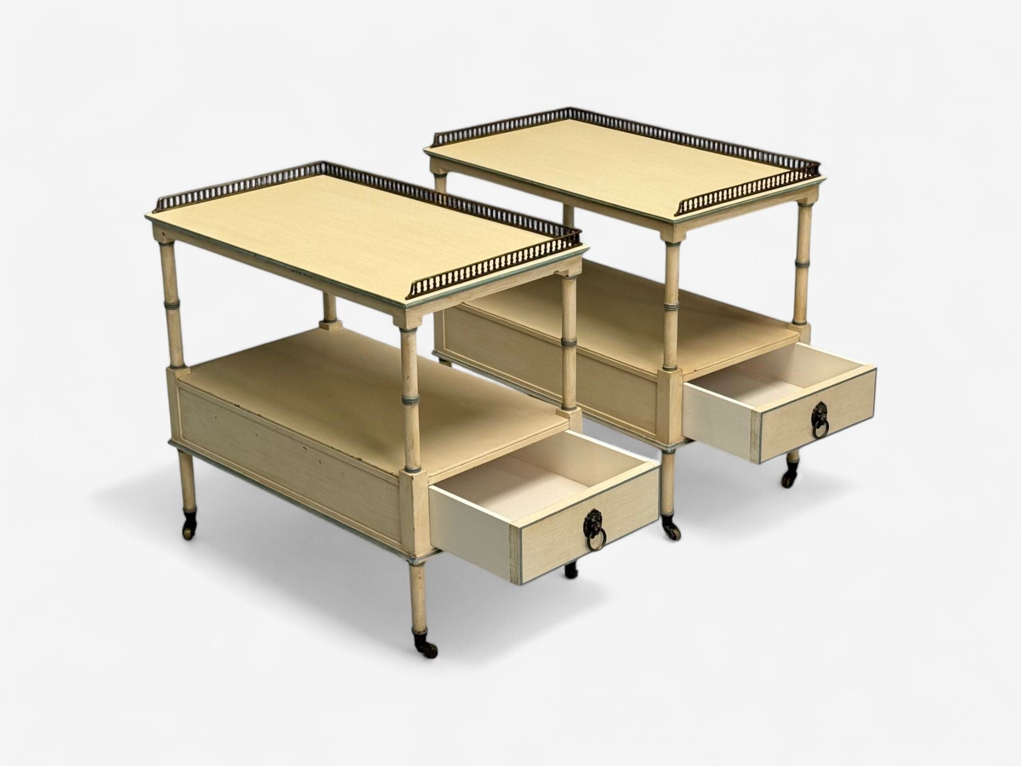 Kittinger, Hollywood Regency Style, Side Tables, Faux Bamboo Painted Wood, Brass