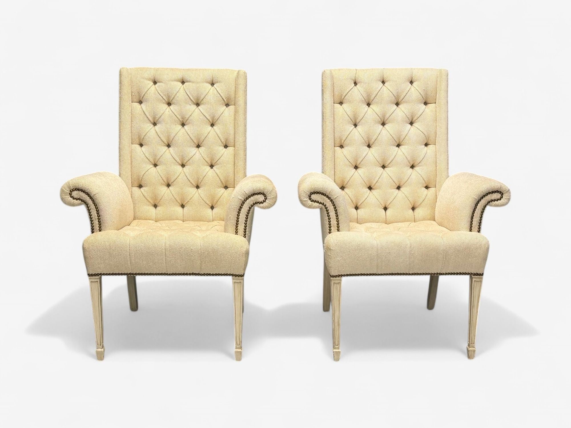 Grosfeld House, Hollywood Regency, Rolled Arm Chairs, Painted Wood, Tweed Linen