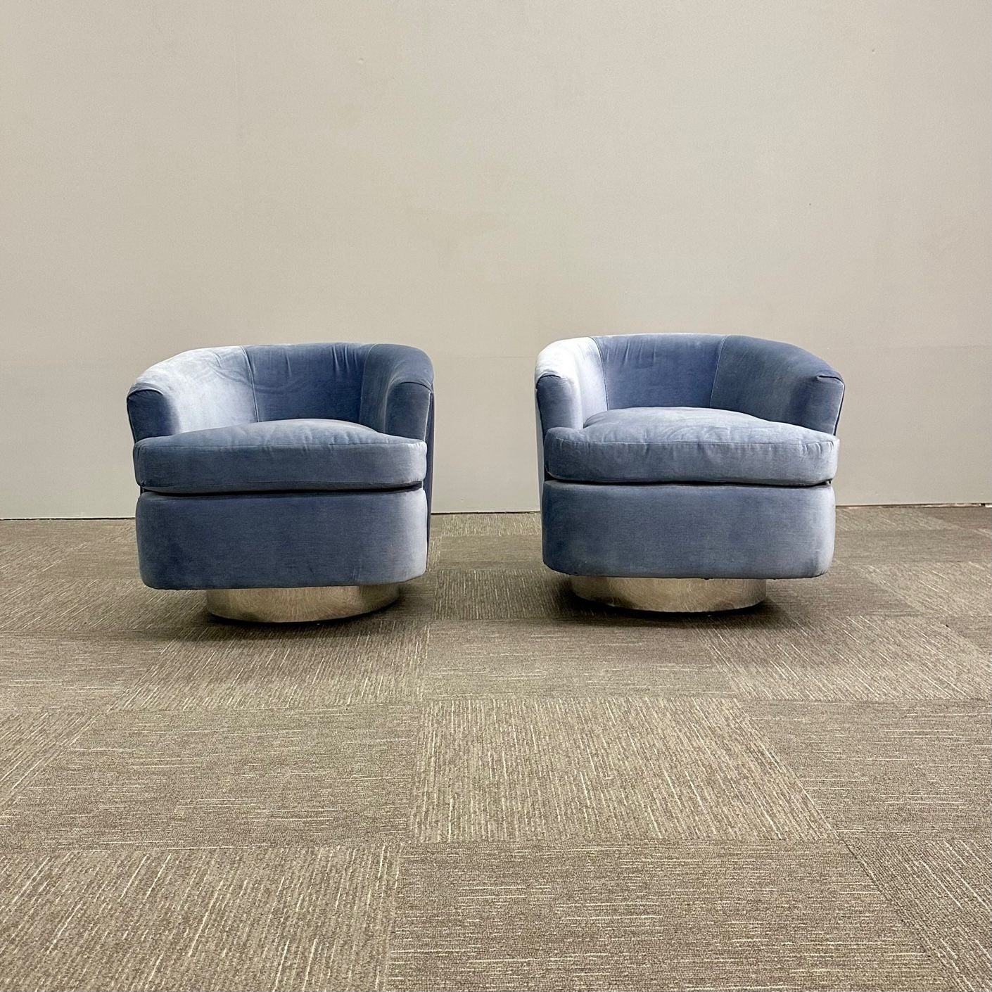 Mid-Century Modern Milo Baughman Style Swivel Chairs, Chrome Base, Blue Velvet