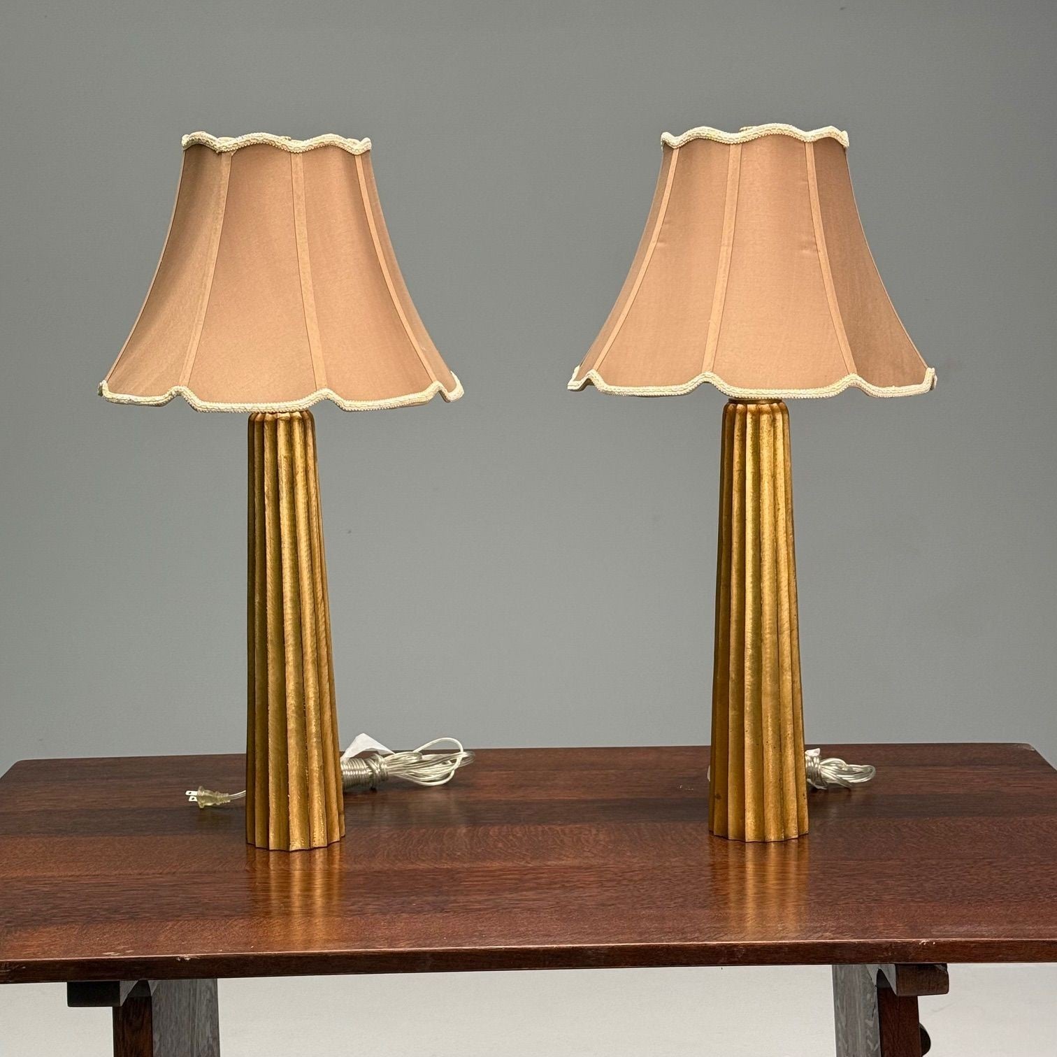 Hollywood Regency Style, Fluted Table Lamps, Gilt Metal, Silk, USA, 21st C.