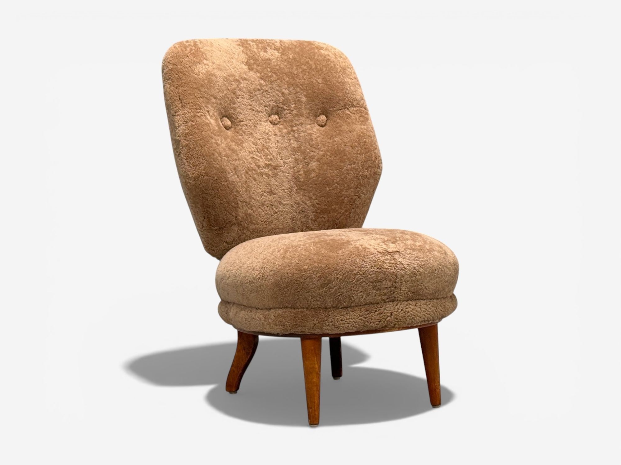 Swedish Modern, Slipper Chair, Brown Sheepskin, Birch, Sweden, 1950s