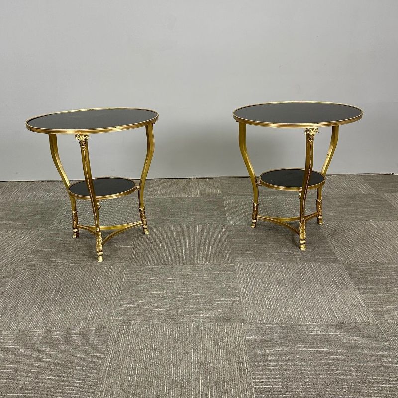 Pair of French Rams Head Gueridon, End or Side Tables, Black Marble Top, Bronze