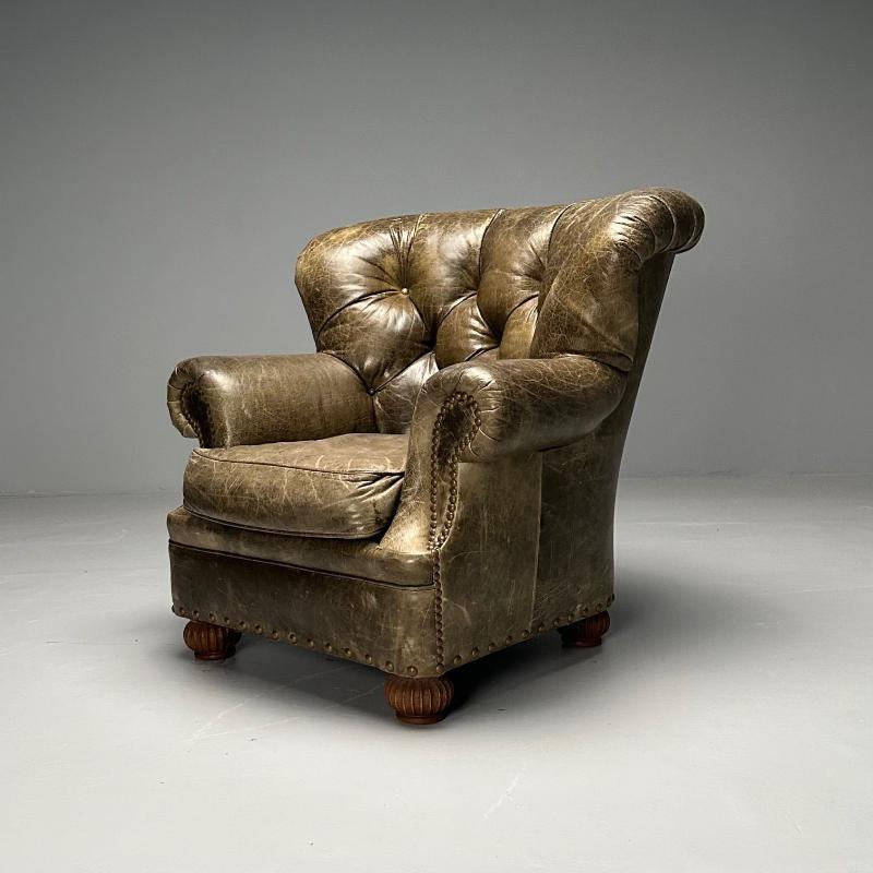 Georgian, Chesterfield, Oversized Lounge Chair, Tufted Green Leather