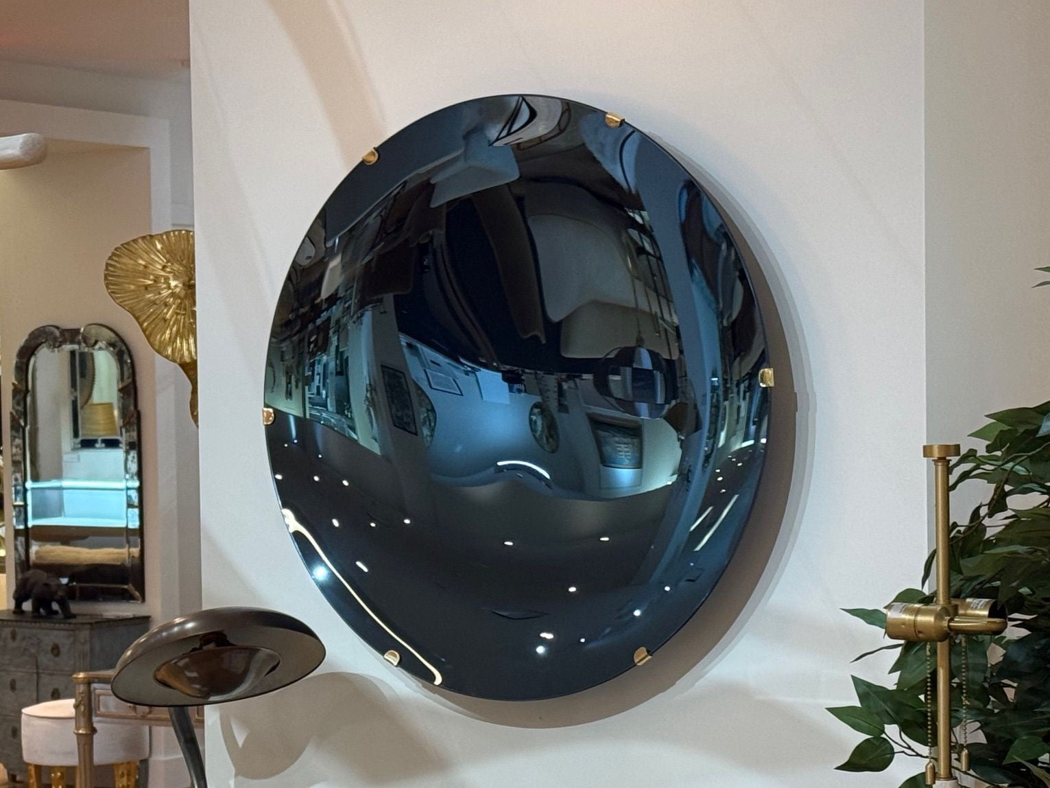Contemporary, Modern Space Age Wall Mirror, Blue Concave Glass, Brass