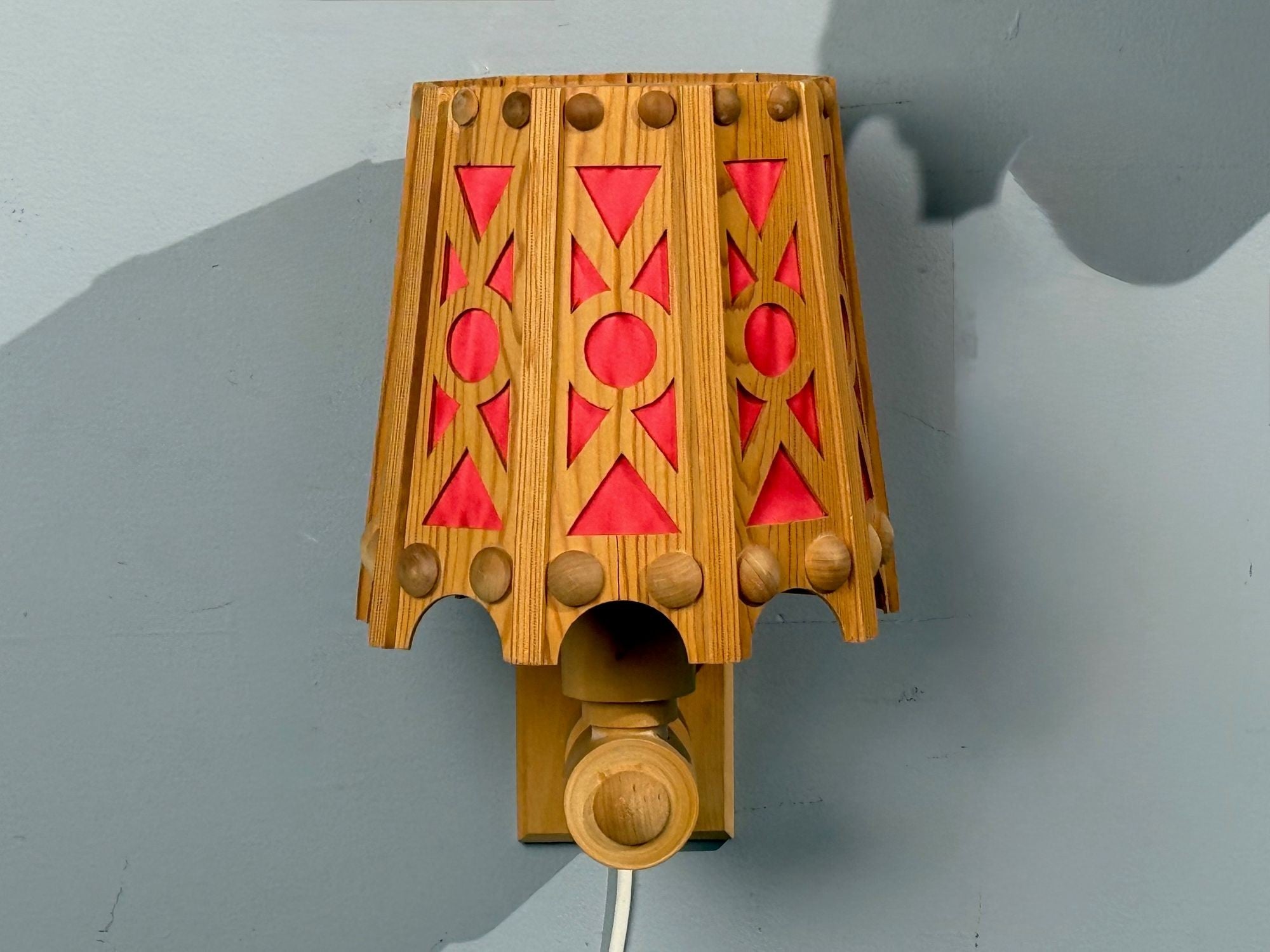Swedish Modern, Wall Lights, Pine, Red Textile, Sweden, 1970s