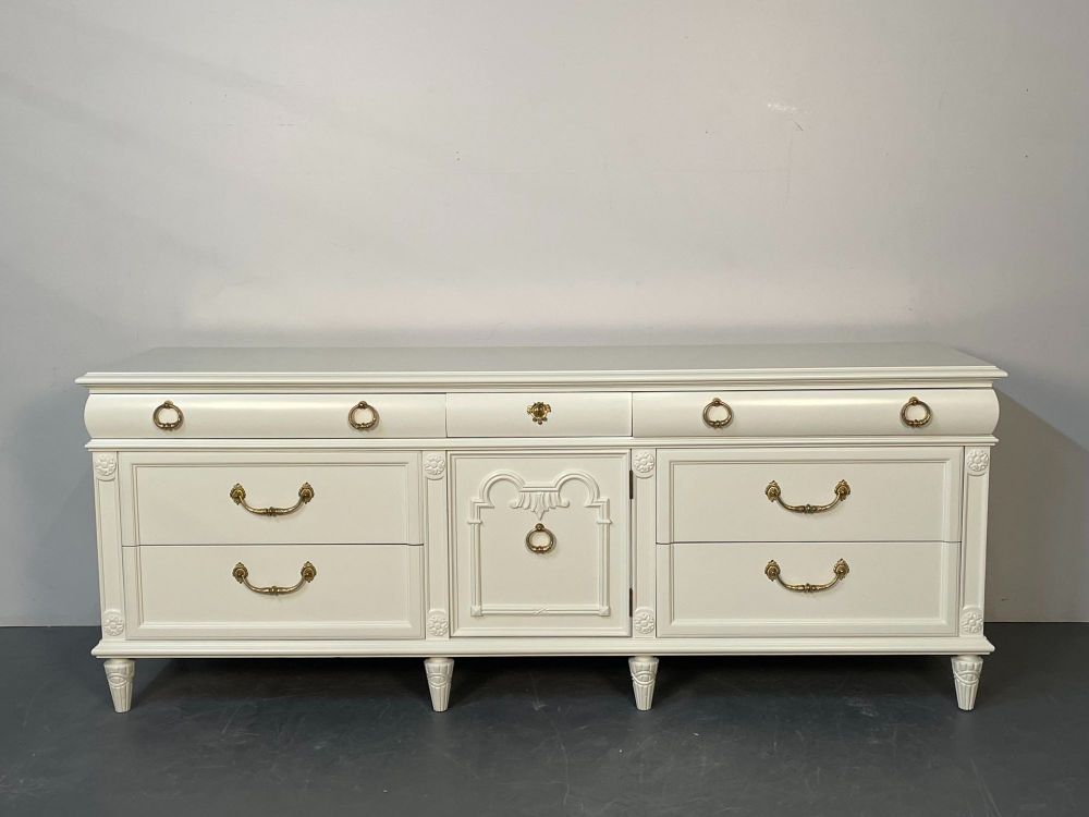 Louis XVI Style Painted Dresser, Mid Century Modern, Commode, Bronze, Off White