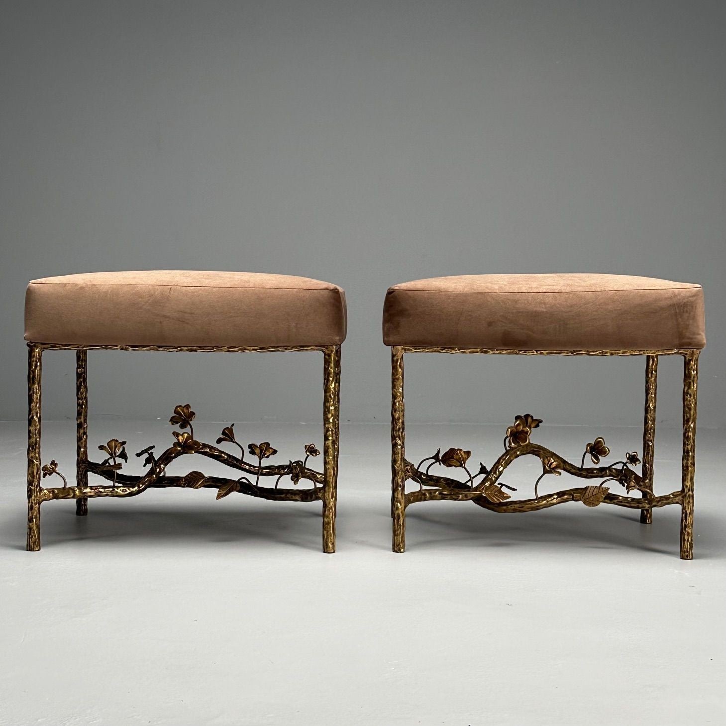 Giacometti Style, Hammered Bronze, Brown Velvet, Occasional Benches