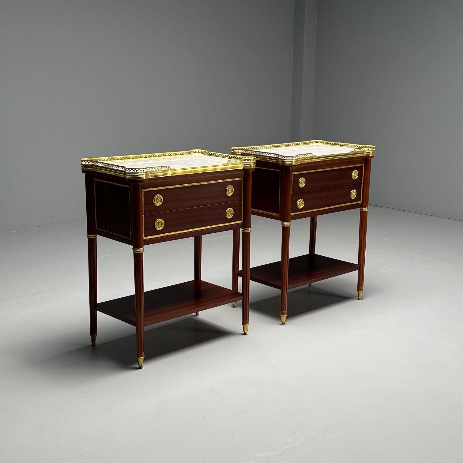 Maison Jansen Style, Hollywood Regency, Mahogany, Marble, Brass, Nightstands