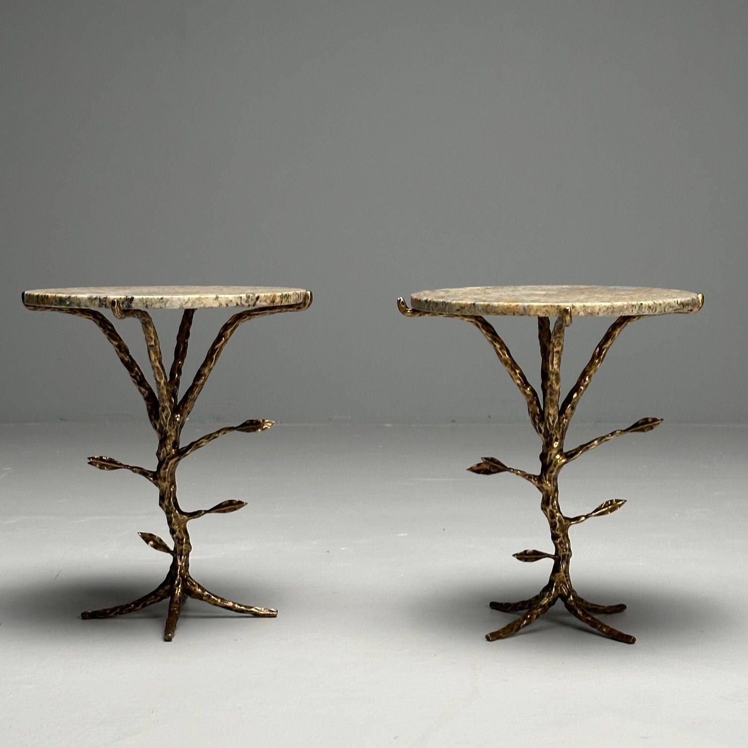 Giacometti Style, Contemporary, Modern Branch Side Tables, Bronze, Marble