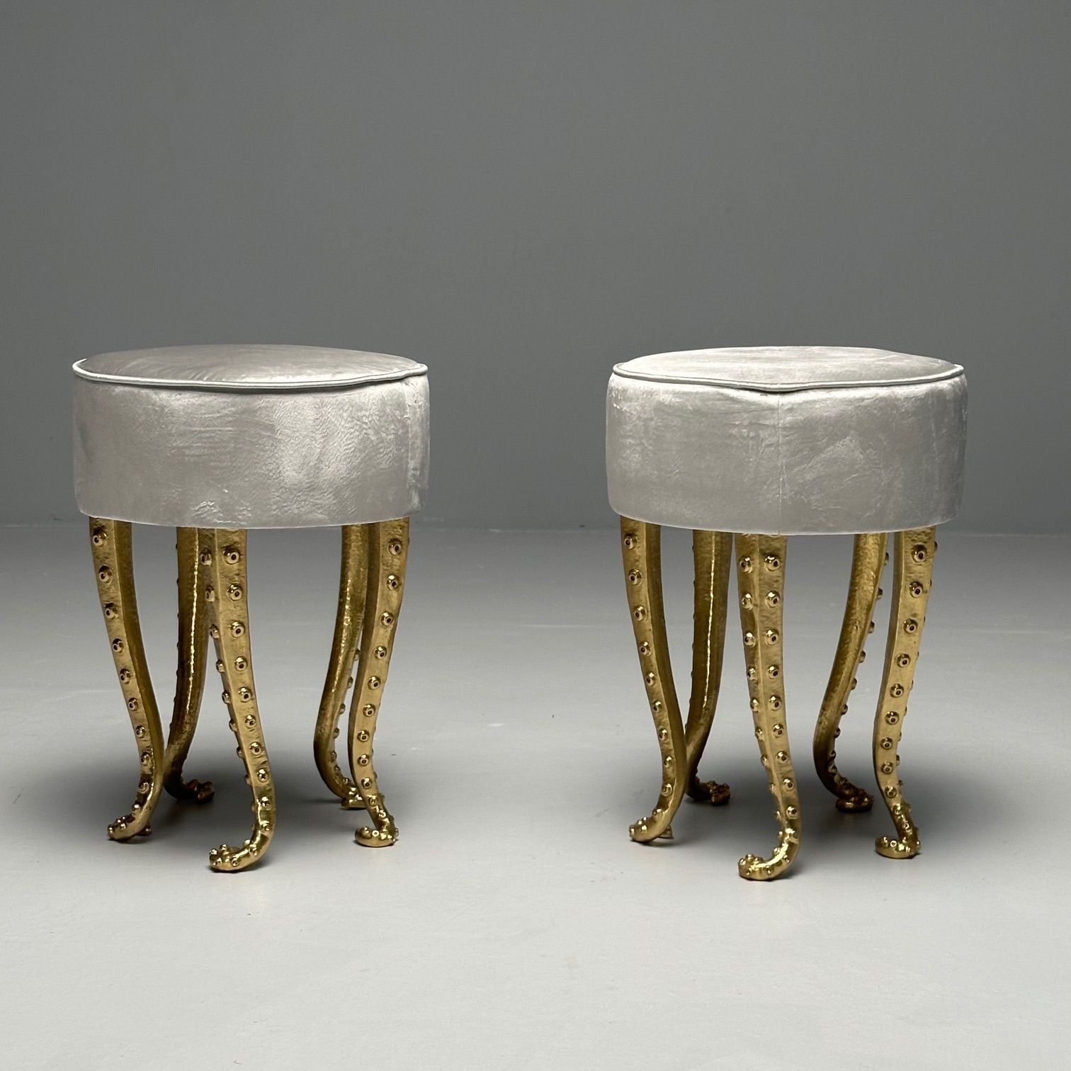 Modern Octopus Stools, Cast Gilt Bronze, Grey Velvet