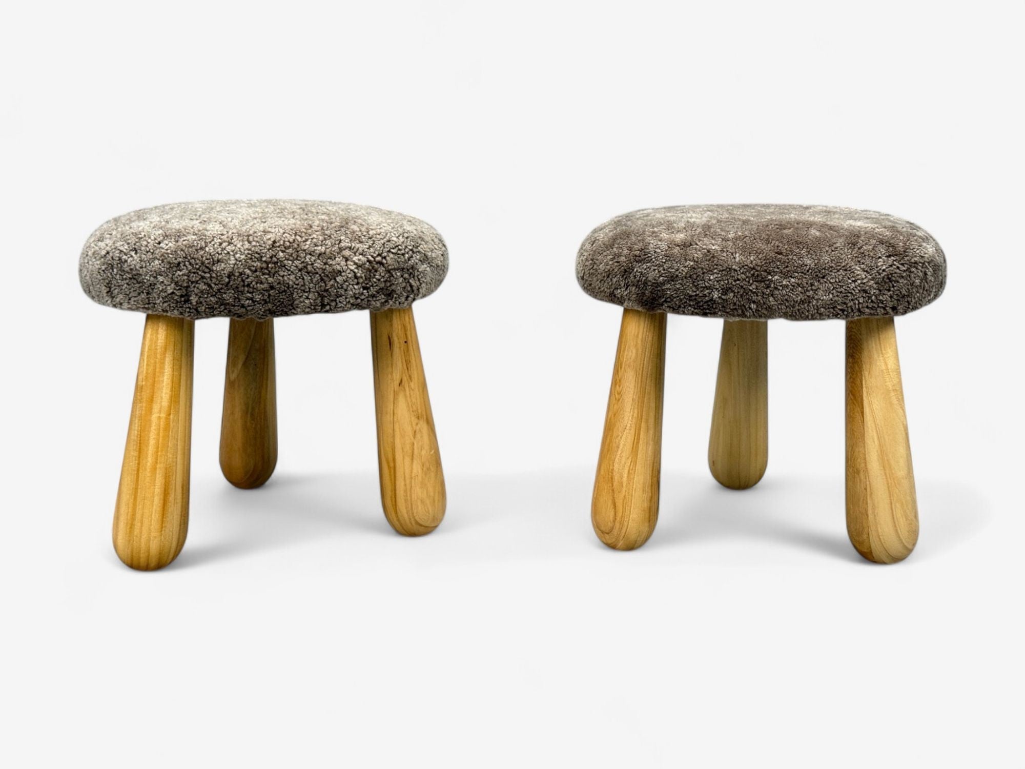 Danish Modern Style, Brown Sheepskin, Maple, Shearling Footstools, 21st c.