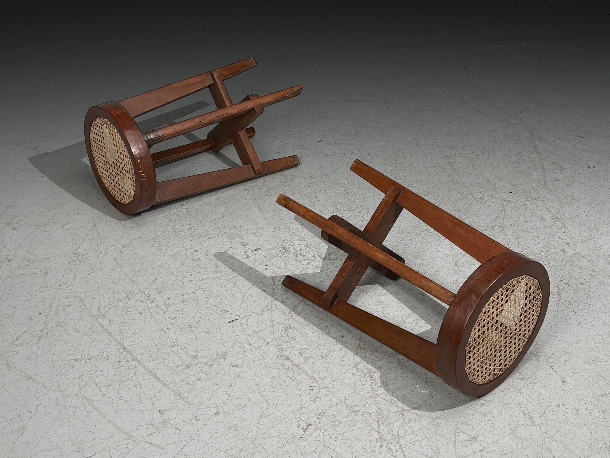 Pierre Jeanneret, High Stools, Cane, Teak, Chandigarh, India c. 1960s