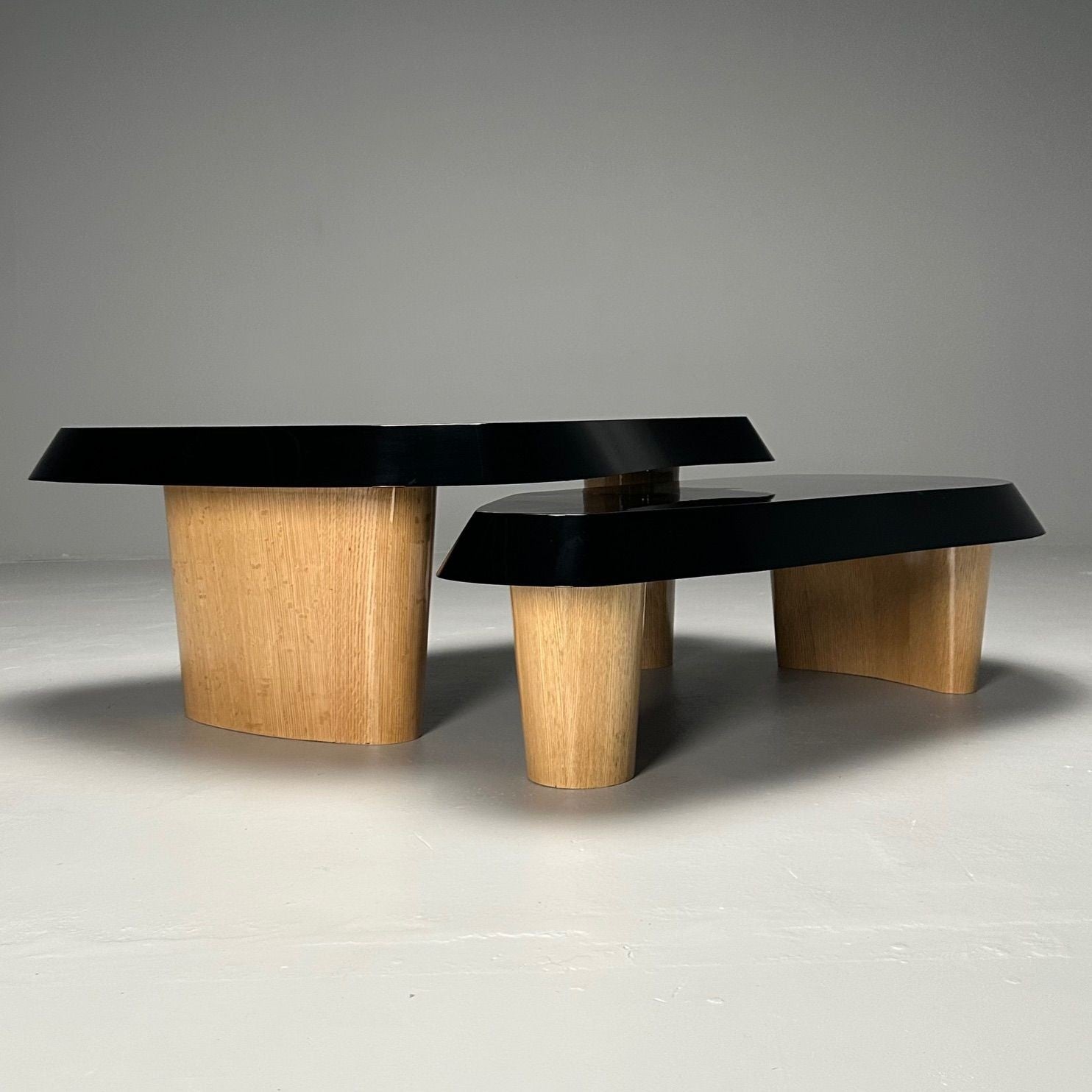 Contemporary, Organic Modern, Nesting Coffee Tables, Black Lacquer, Oak, 21st C.