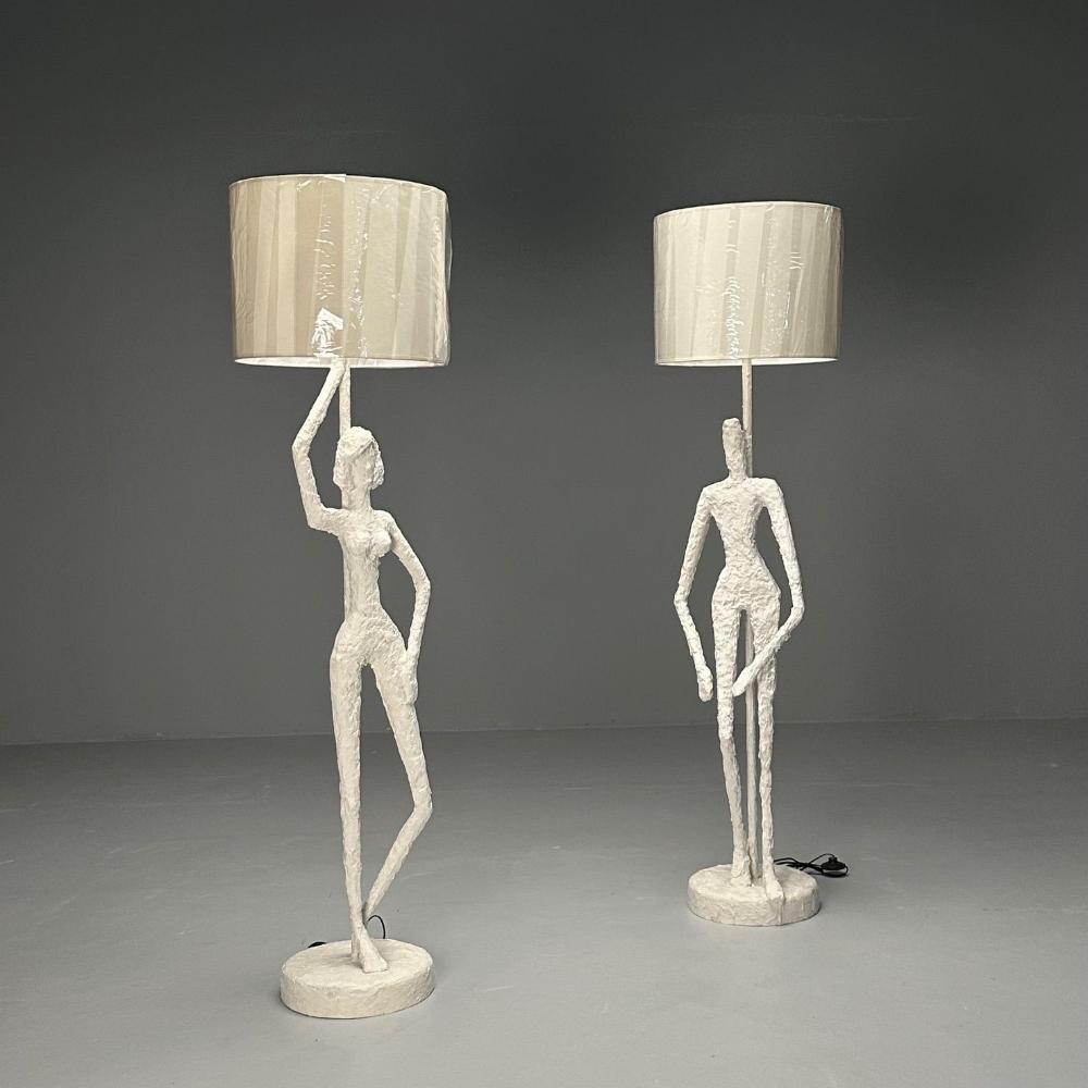 Giacometti Inspired, Contemporary, White Floor Lamps, Plaster, Wood, 2024
