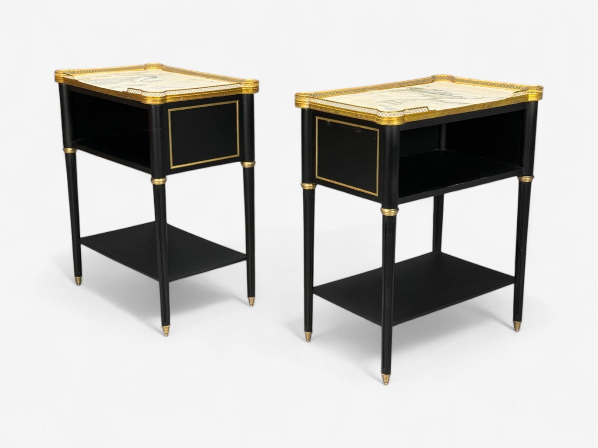 Maison Jansen Style, Hollywood Regency, Brass, Marble, Ebonized Open Nightstands