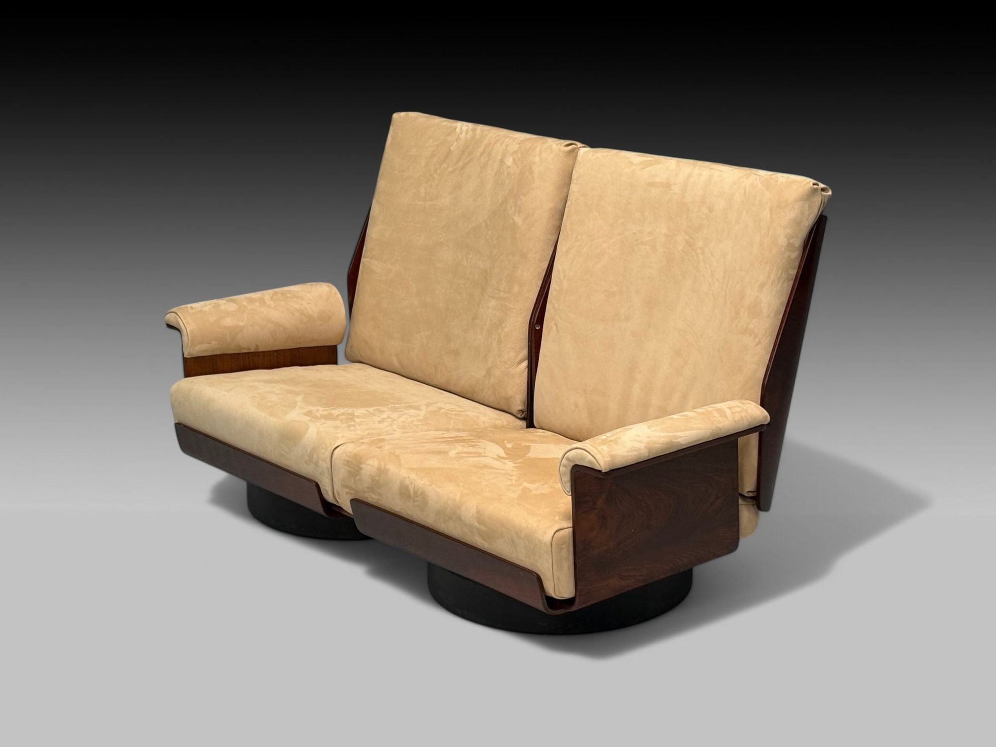 Bernard Brunier, French Mid-Century Modern, Rosewood, Suede, Settee, 1960s