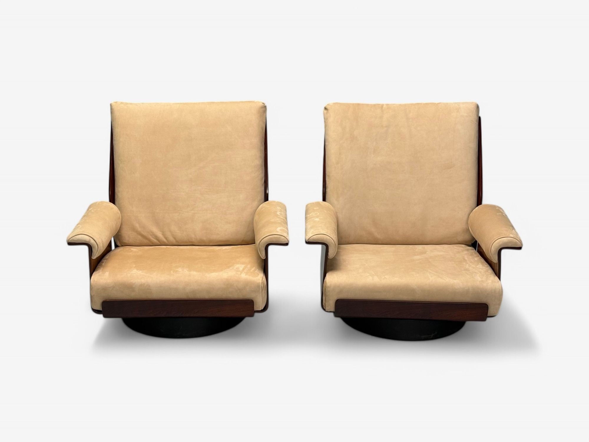 Bernard Brunier, French Mid-Century Modern, Rosewood, Suede, Low Lounge Chairs