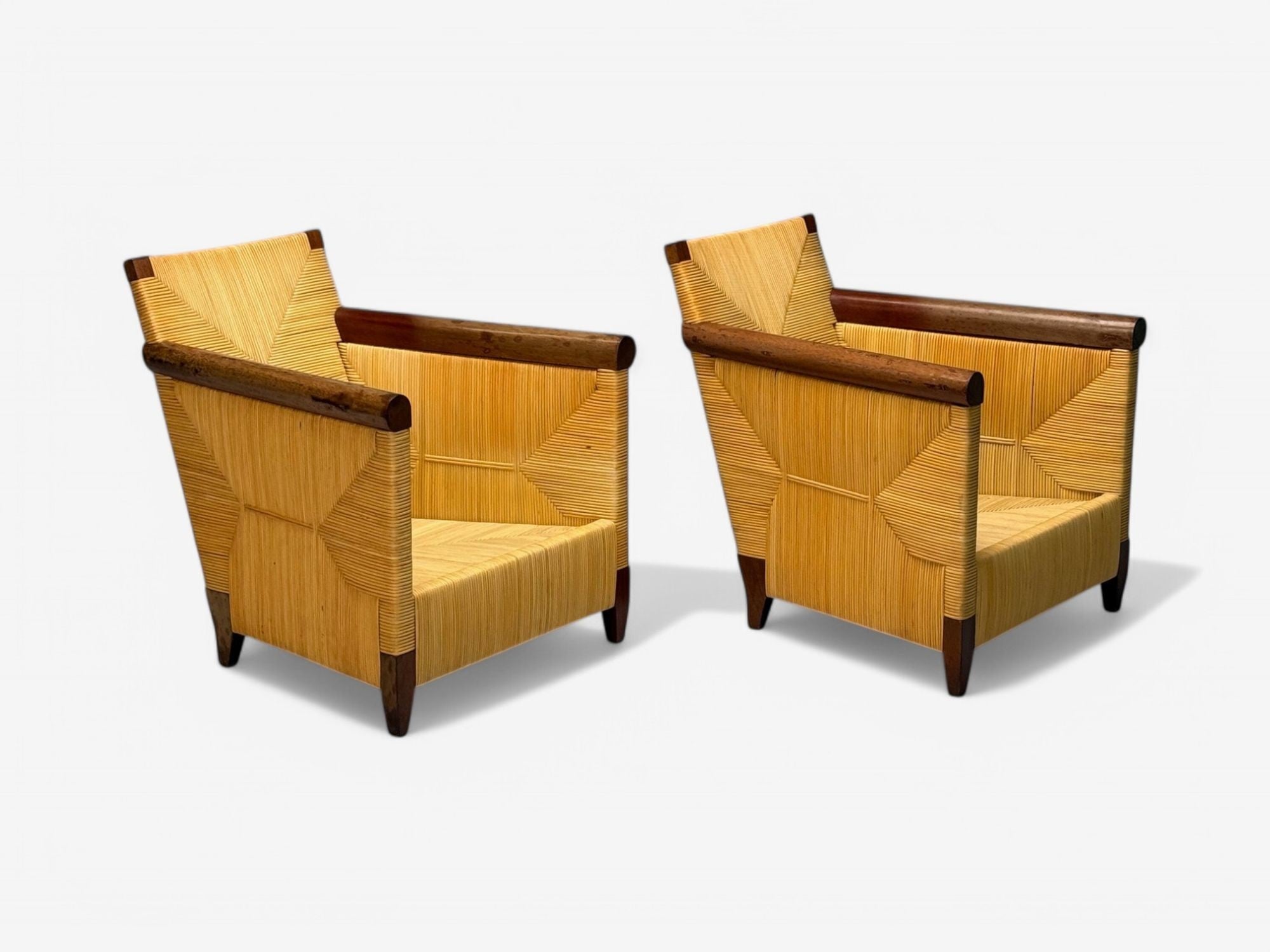 John Hutton, Donghia, Mahogany, Wicker Cane, Merbau Lounge Chairs, USA, 1995
