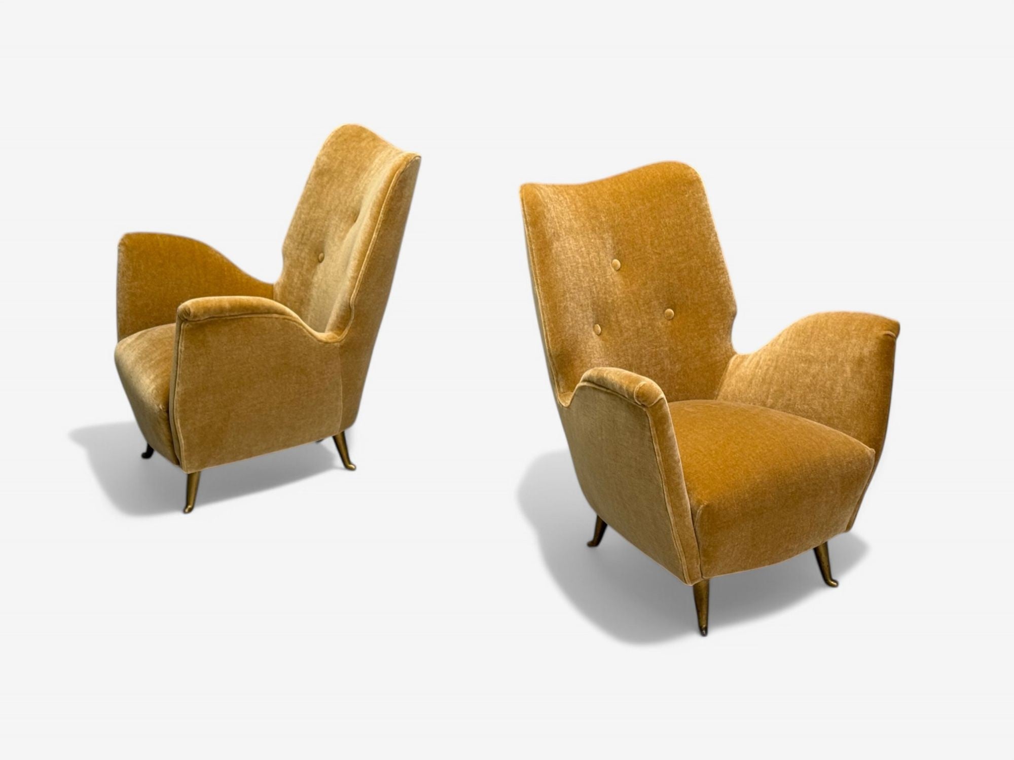 ISA Bergamo, Italian Mid-Century, Bronze, Camel Mohair, Lounge Chairs, 1950s