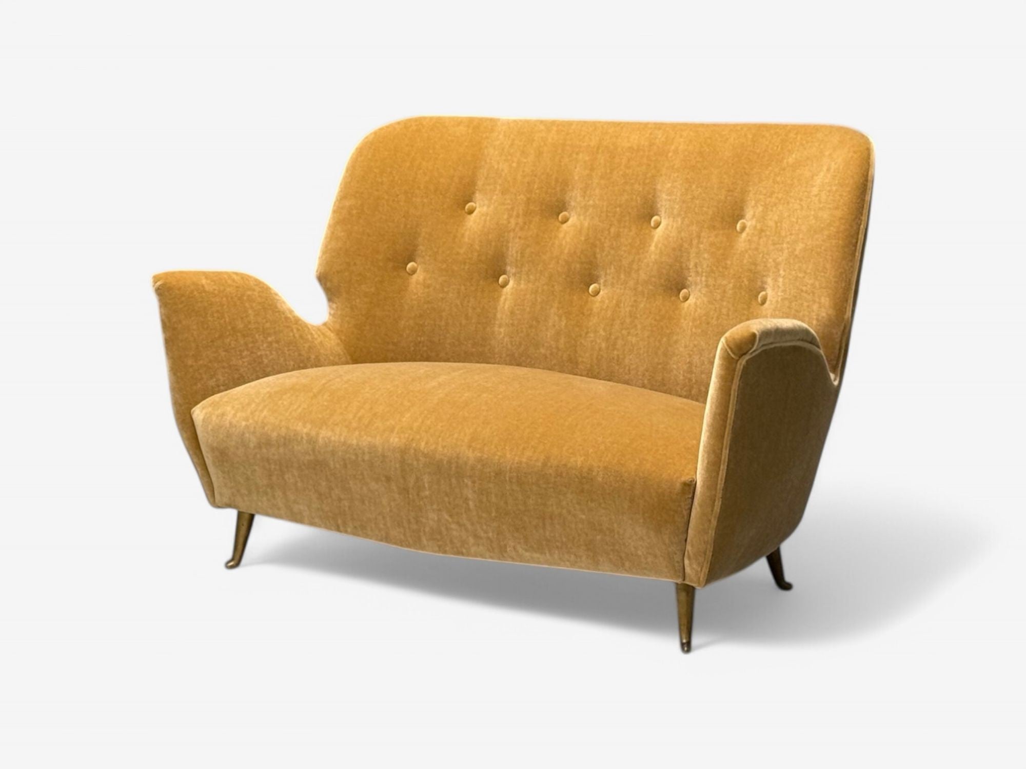 ISA Bergamo, Italian Mid-Century Modern, Bronze, Camel Mohair, Settee, 1950s