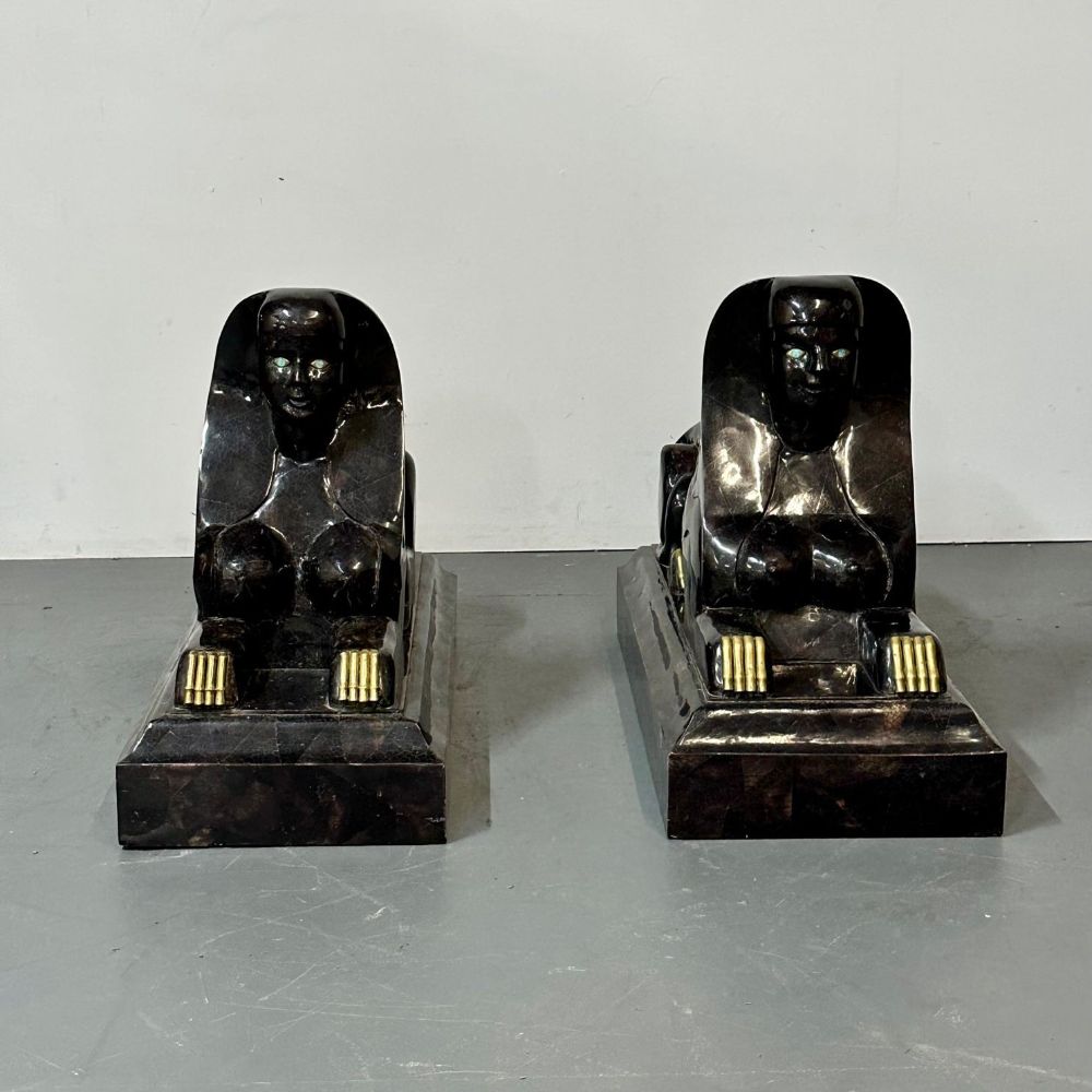 Pair of Maitland Smith Tessellated Egyptian Seated Sphinxes, Entryway