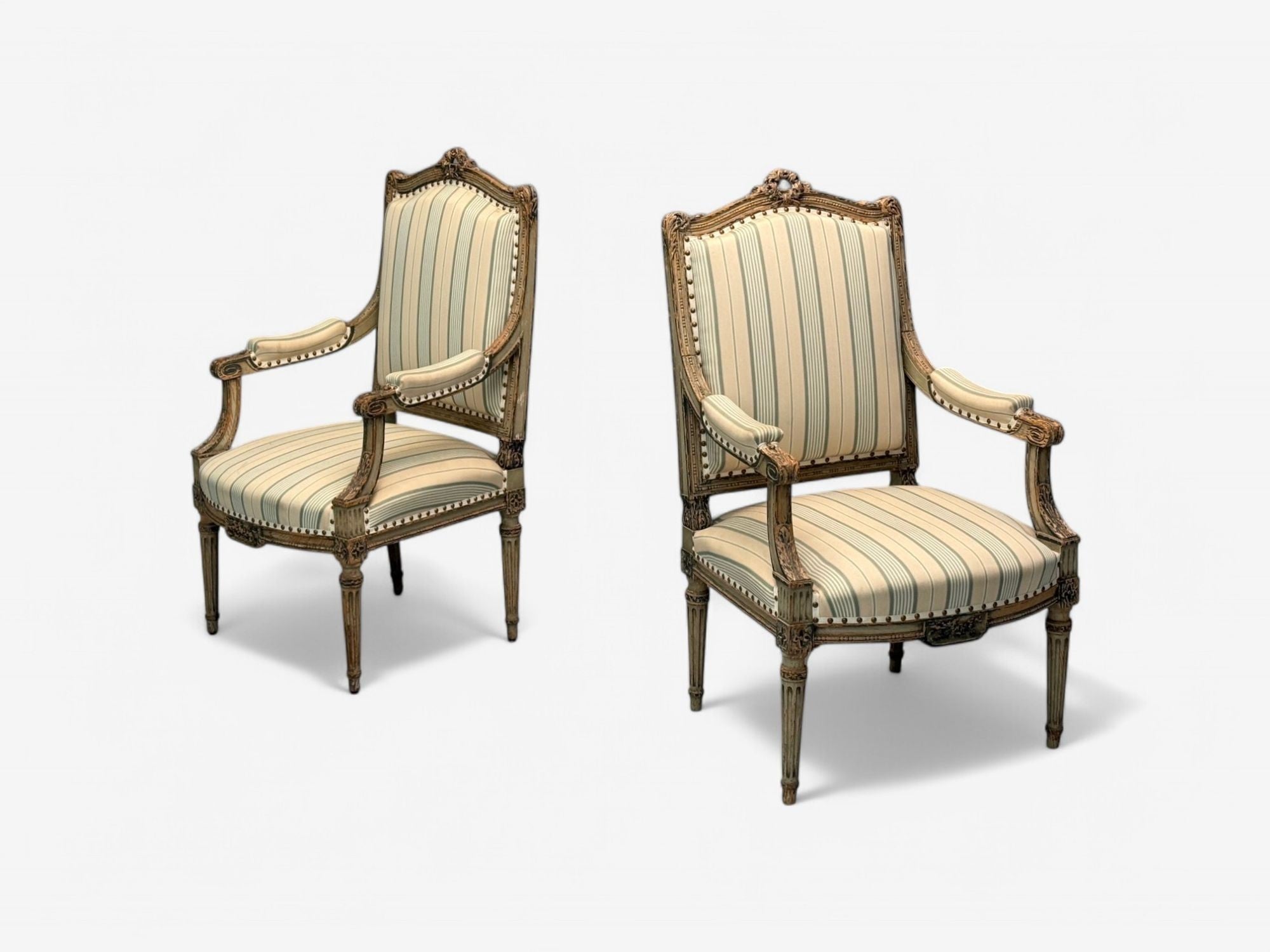 Maison Jansen attr, Louis XVI, Painted Wood, Fabric, Arm Chairs, France, 1940s