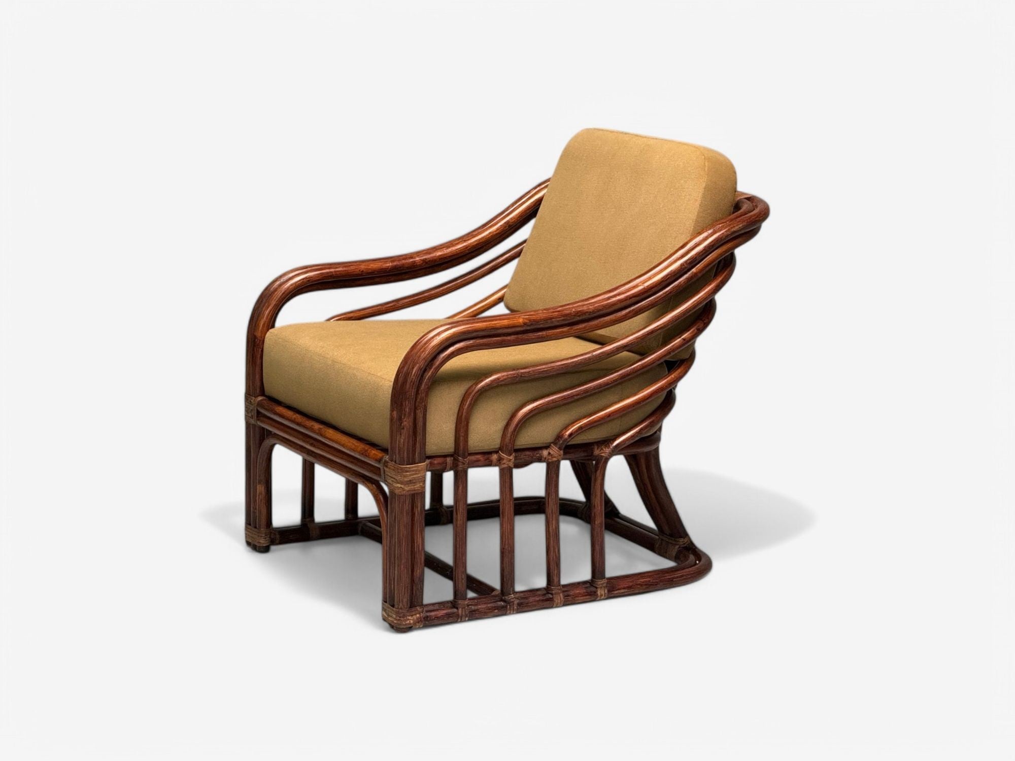 Brown Jordan, Mid-Century Modern, Bamboo, Camel Fabric, Lounge Chairs, 1960s