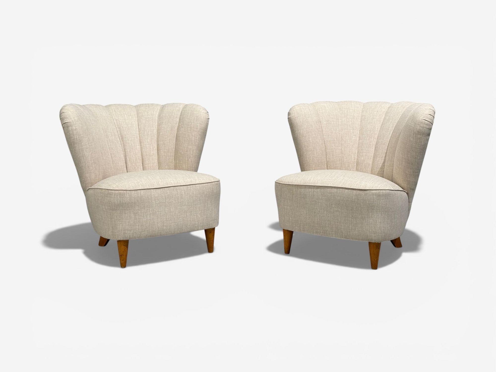 Carl-Johan Boman, Easy Chairs, Beige Linen, Wood, Finland, 1950s