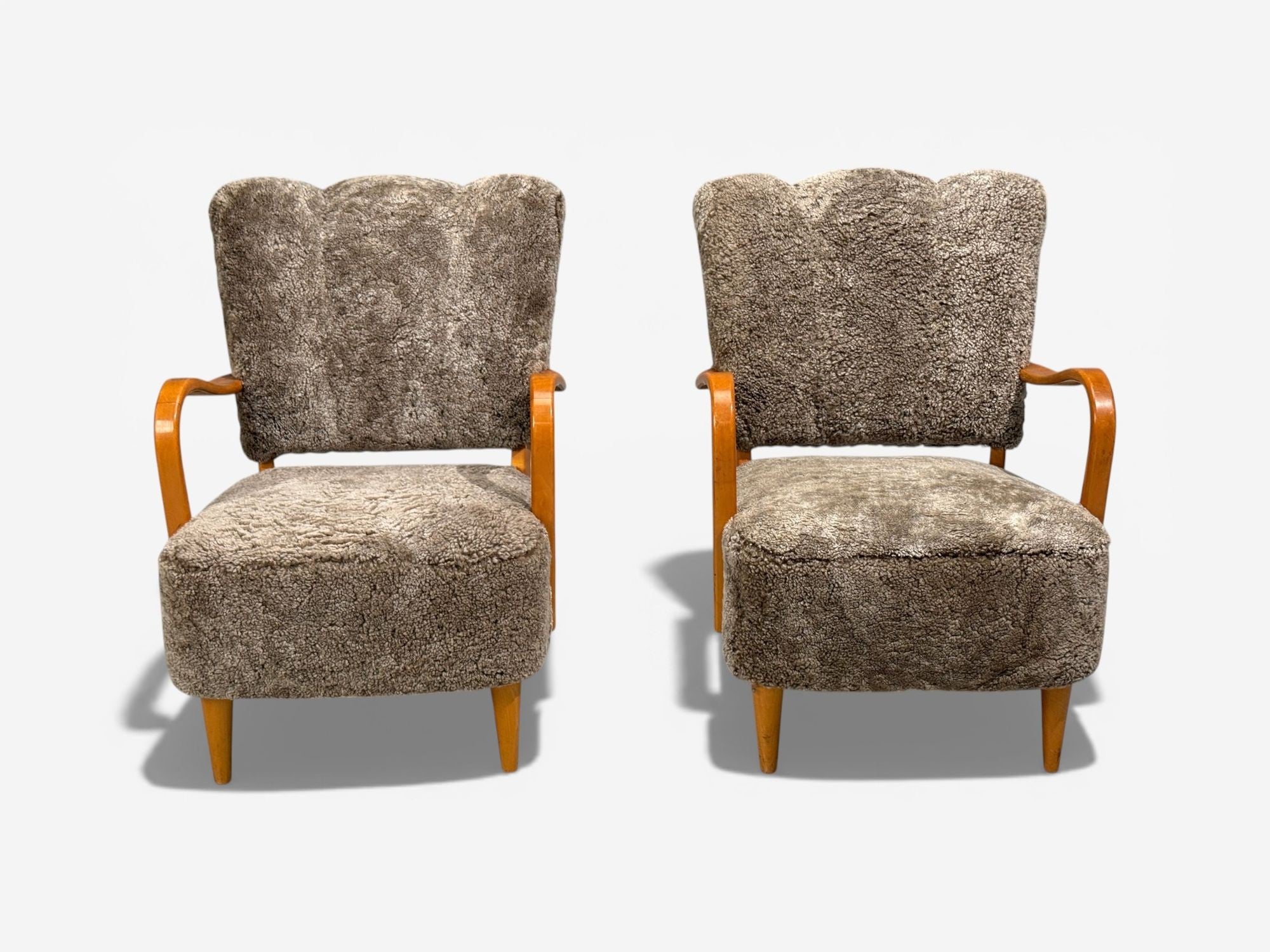 Swedish Modern, Lounge Chairs, Elm, Gray Shearling, Sweden, 1940s