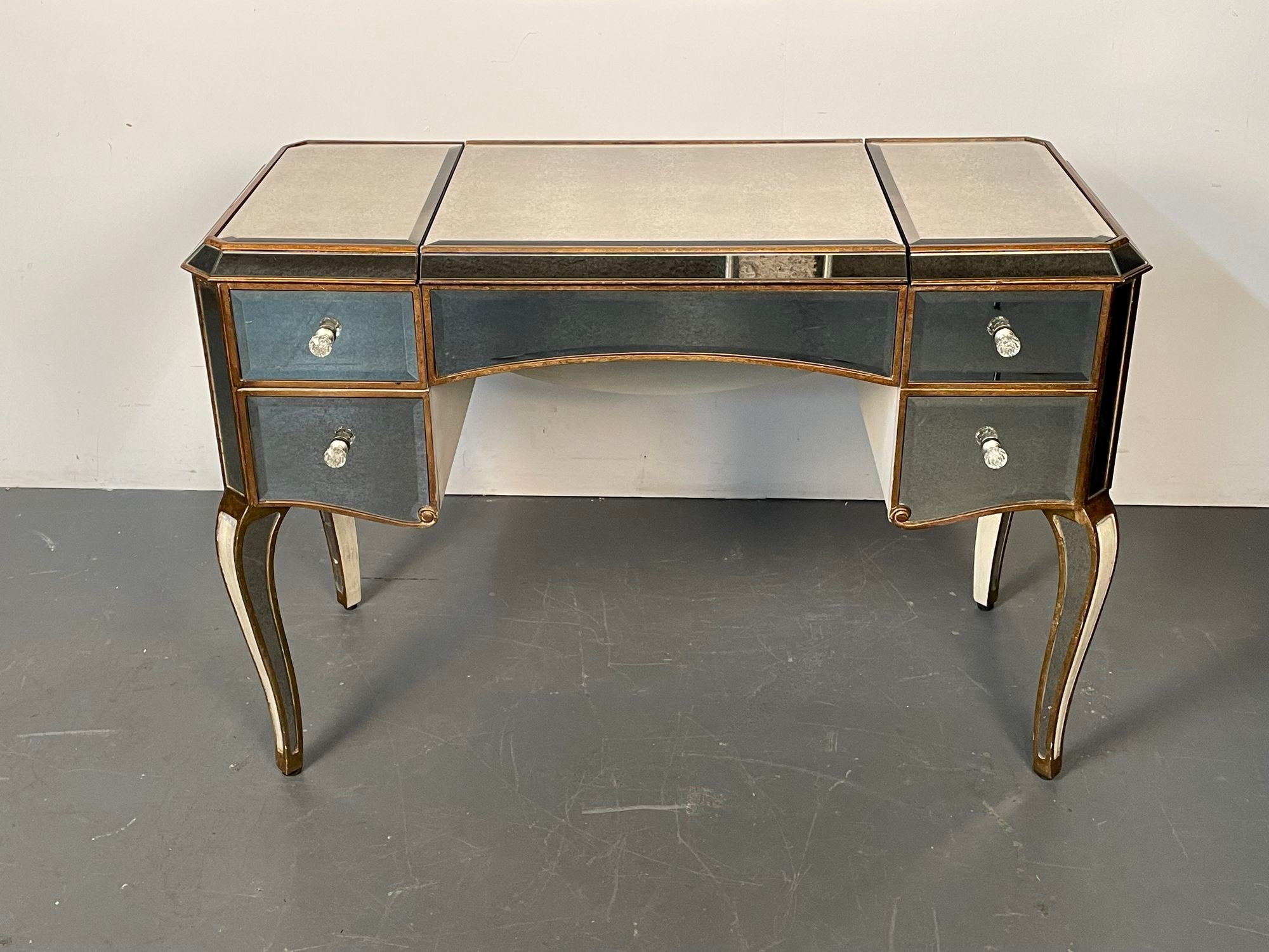 Hollywood Regency Style Mirrored Vanity or Desk, Giltwood Accent