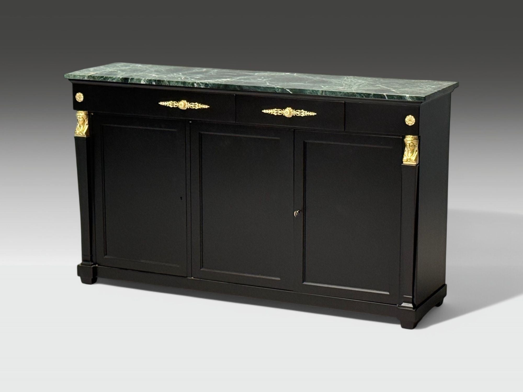 Hollywood Regency, Empire Style, Satin Black Wood, Bronze, Credenza, 1940s