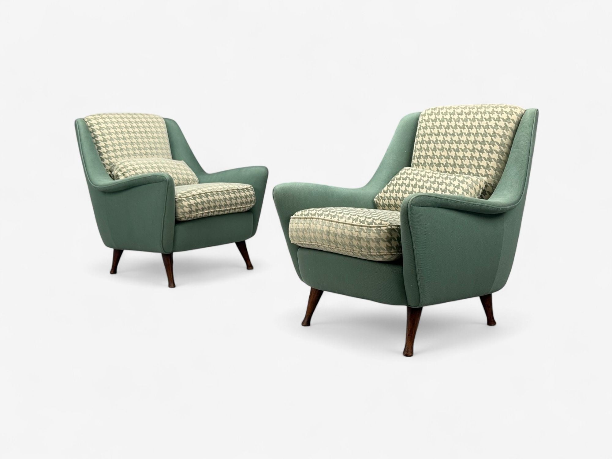 Carlo Pagani attr., Fabric, Wood, Lounge Chairs, Italy, 1950s