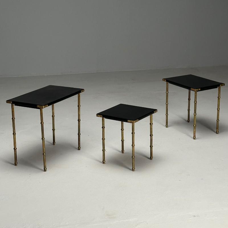 Jacques Adnet, French Mid-Century Modern, Nesting Tables, Leather, Brass, 1950s