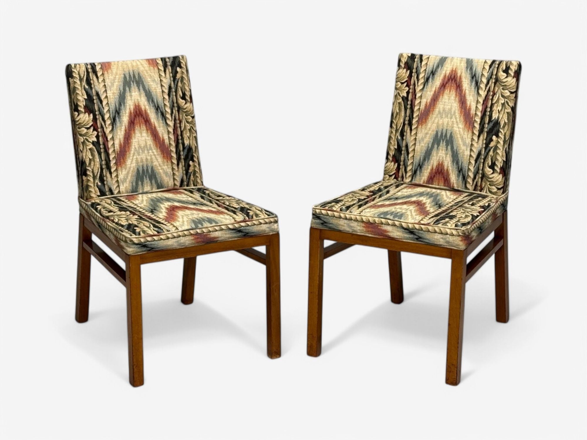 T.H. Robsjohn-Gibbings, Walnut, Scalamandre Fabric, Dining Chairs, USA, 1950s