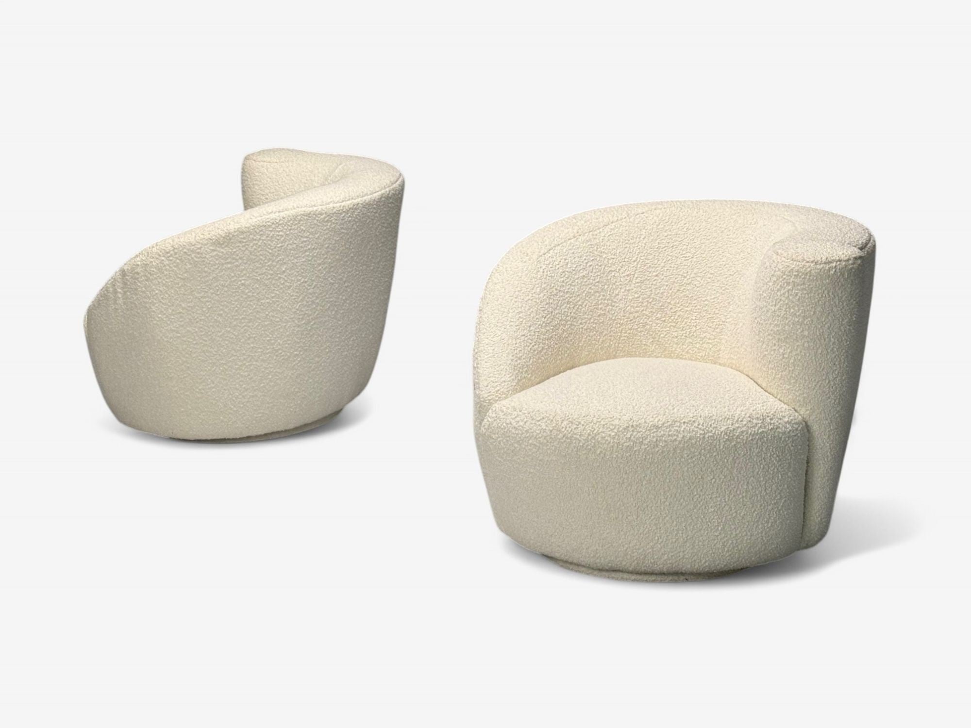 American Mid-Century Modern, White Bouclé, Nautilus Swivel Chairs, USA, 1970s