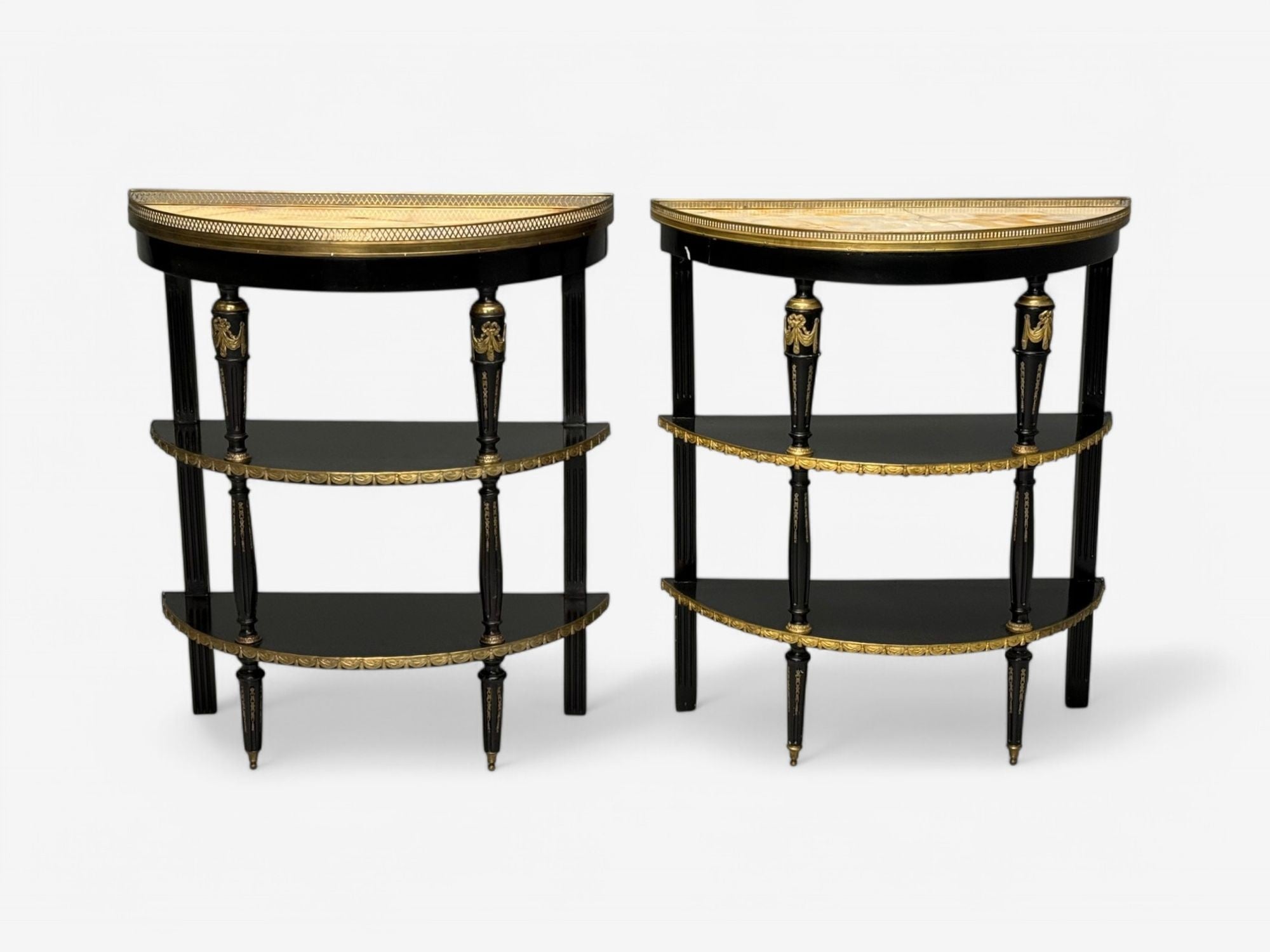 Hollywood Regency, Ebony Painted Wood, Onyx, Demilune Console Tables, 1930s