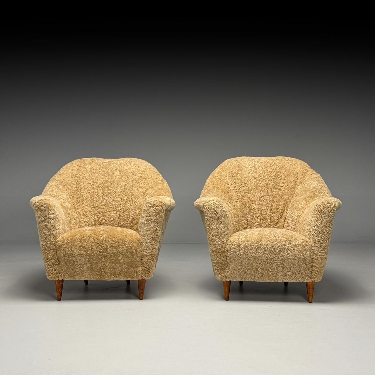 Italian Modern, Honey Shearling, Stained Wood, Lounge Chairs, Italy, 1950s