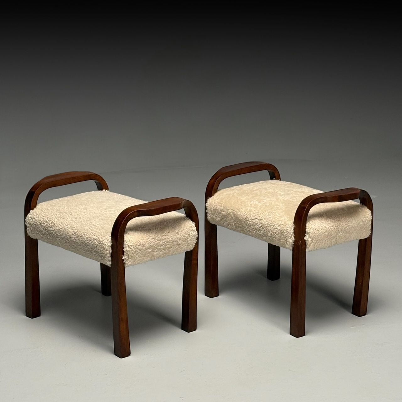 Italian Mid-Century Modern, Footstools, Beige Shearling, Mahogany, Italy, 1950s